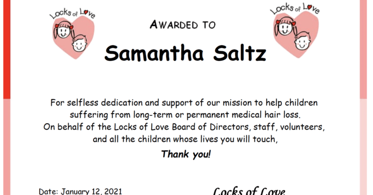 Dr. Sam's Locks of Love Certificate